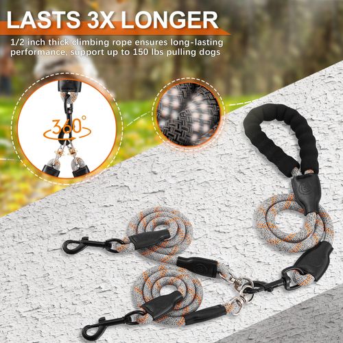 Double Dog Leash for Two Dogs - Detachable 360° Swivel, No Tangle Leash with Reflective Strips for Walking and Training Small Medium and Large Dogs,S/8-45ibs,Grey