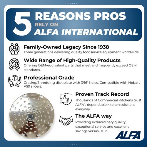 Alfa VS-12SD-3/16 Stainless Steel Grading Disk Replacement for Commercial Kitchen Shredders | 9.25" Diameter - 3/16" Grating Holes | Replacement for GS-12 and VS-9 Graters and Shredders