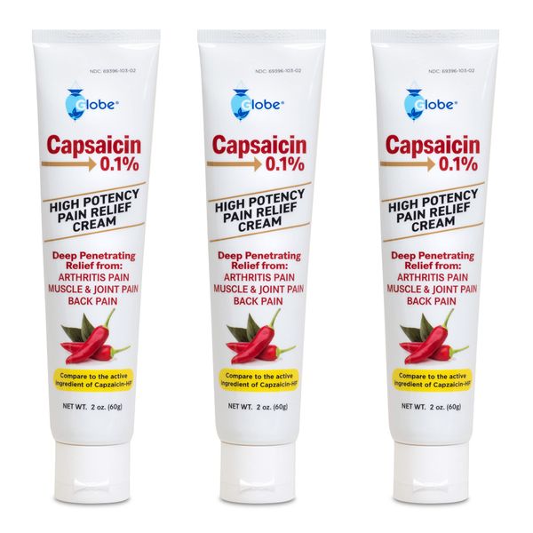 Globe (3 Pack) Capsaicin 0.1% High Potency Pain Relief Cream, Unscented (2 oz) Deep Penetrating Relief from: Arthritis, Muscle, Joint and Back Pain