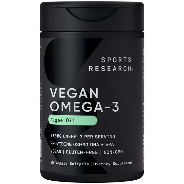 Sports Research Vegan Omega-3 Fish Oil Alternative from Algae Oil - Highest Levels of Vegan DHA & EPA Fatty Acids | Non-GMO Verified & Vegan Certified - Fresh Lemon Scent - 60 Veggie Softgels