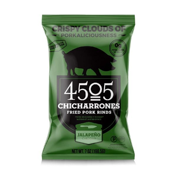 4505 Meats Jalapeno Cheddar Pork Rinds, Gluten Free Chicharrones, Keto Certified, Family Size Bag, 14 Servings, 7 Ounces