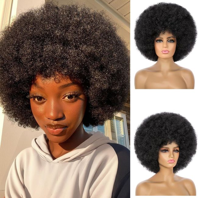 BEAUTIFA Afro Wig, Black Afro Wig 70s for Women Curly Afro Wigs with Bangs Short Afro Curly 70‘s Wig Bouncy Soft Hair Synthetic Puff Big Afro Wig for Daily Party Use