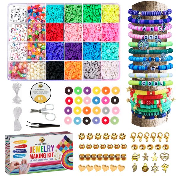 Desire Deluxe Bracelet Making Kit Necklace Clay Beads Friendship Jewelry Letter Arts & Crafts Pendant Charms Kit Elastic Rubber Strings Girls Toys Gift Present(6084pc)