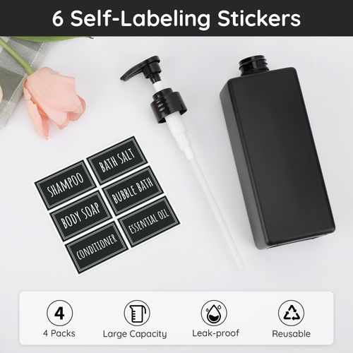 Segbeauty Bathroom Soap Dispenser Set, 4 Pack of 16.9oz Shower Bottles Refillable with Labels, 500ml Plastic Square Matte Black Soap Dispenser Empty Pump Bottles for Shampoo Conditioner Body Soap