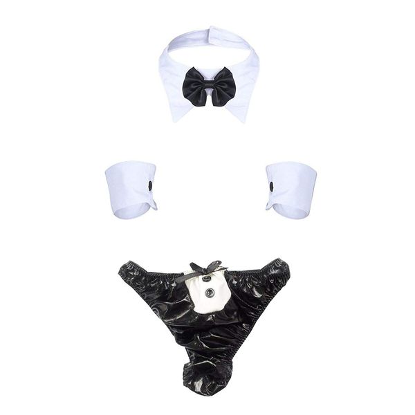 365-Shopping Men's 4PCS Butler Naughty Tuxedo Bow Tie Collar Thong Briefs Handcuffs Costume Outfits Set