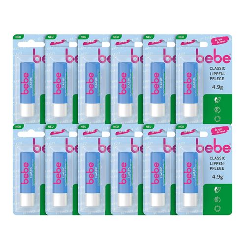 bebe Classic Lip Care (12 x 4.9 g), Lip Balm with Avocado Oil & Shea Butter, Gently Nourishes the Lips with 98% Ingredients of Natural Origin and No Mineral Oils