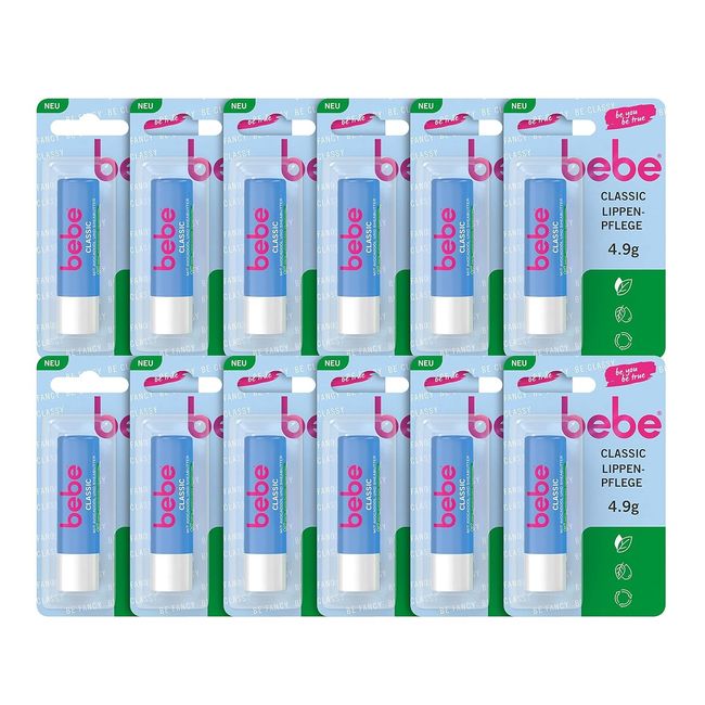 bebe Classic Lippenpflege (12 x 4,9 g), Lippenpflegestift mit Avocadoöl & Sheabutter, pflegt die Lippen sanft mit 98% Inhaltsstoffen natürlichen Ursprungs & ohne Mineralöle