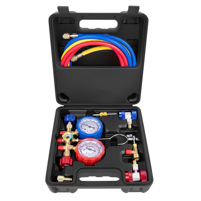 AURELIO TECH 3 Way A/C Diagnostic Manifold Gauge Set, Fits R134A R12 R22 and R502 Refrigerants, with 5FT Hose, Acme Tank Adapters, Adjustable Couplers and Can Tap