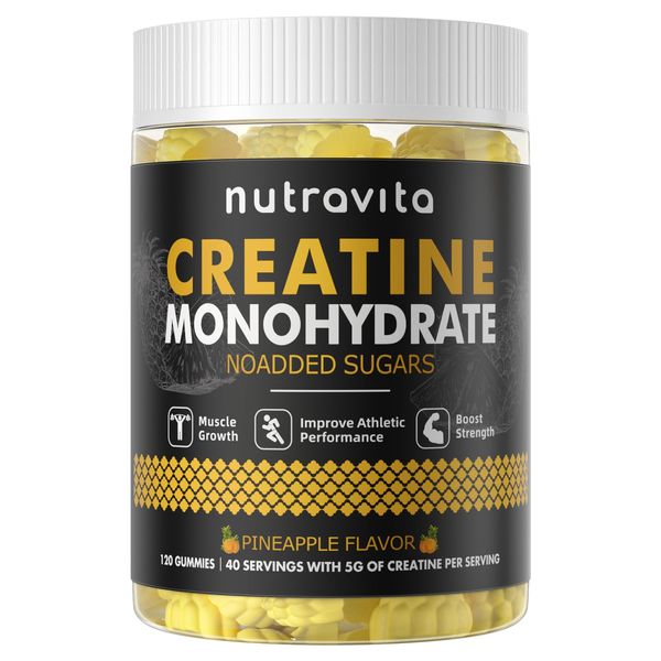 Nutravita Creatine Monohydrate Gummies for Men & Women-5g of Creatine Monohydrate per Serving - Sugar Free,Vegan,Pineapple Flavor, 120 Count