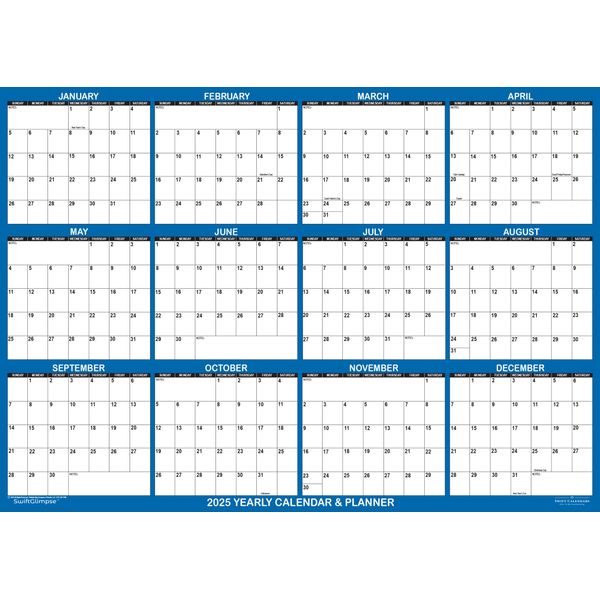 A2 2025 Wall Calendar by SwiftGlimpse, 59cm x 42cm, Erasable Yearly Wall Planner, Horizontal, Navy (A2 NAVY)