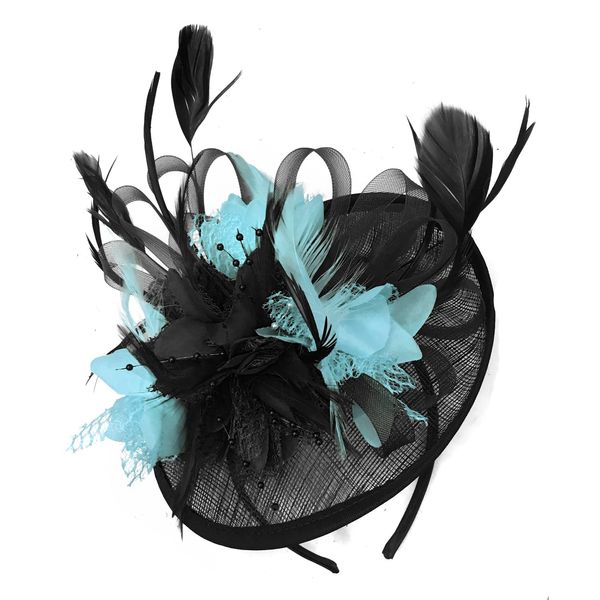 Black and Light Turquoise Aqua Sinamay Disc Saucer Fascinator Hat for Women Weddings Bird Cage Veil Headband