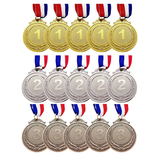 VIEAURA Gold Medal, Silver Medal, Bronze Medal, Set of 15 Each 5, Metal, Trophies, Sports, Events, Sports Festivals, Companies, Kindergarten, Nursery, Play, Rewards, Awards Ceremonies, Sports, Awards, Winners, Numbers, Engraved