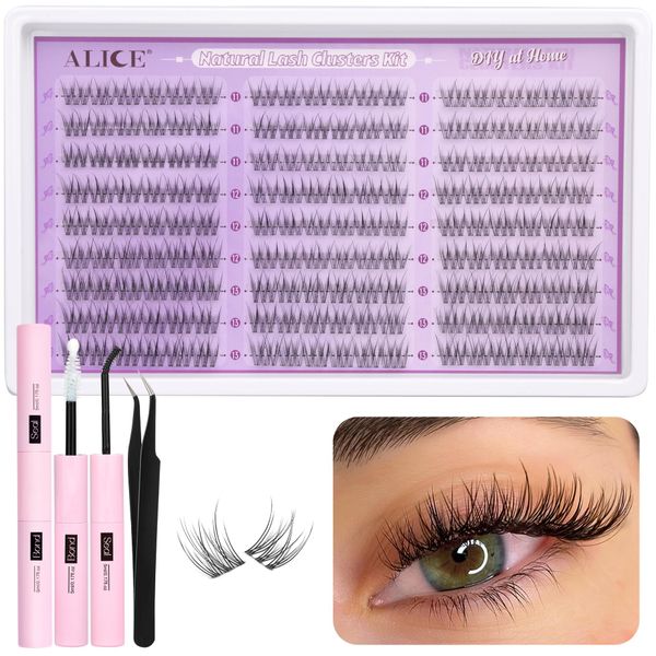 ALICE Natural Lash Clusters Kit Clear Band Wispy Lash Extension Kit Cluster Eyelash Extension Kit 162pcs C Curl 11-13mm Individual Lashes with Lash Glue Bond and Seal and Tweezers DIY at Home