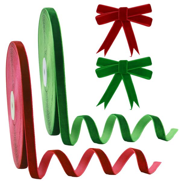 BYZANDQI 22 m Ribbon 10 mm Velvet Ribbon Christmas Gift Ribbon Red Green Lint Ribbon Decorative Ribbon Christmas Ribbon Pack of 2
