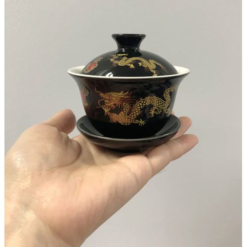 YBK Tech Porcelain Kung Fu Tea Cup and Saucer with Lid, Chinese Traditional Gaiwan Sancai Tea Bowl Tea Set Dragon Pattern (Black)