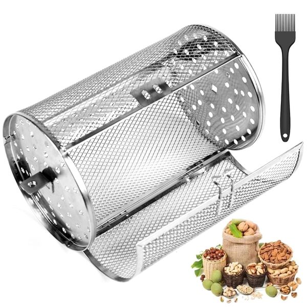 Jetcloud Rotisserie Basket with Oil Brush Stainless Steel Grill Roaster Drum Oven Round Rack Cage Heat Resistant 360° Rotating Air Fryer Accessory 12X18cm for Peanut Coffee Bean Nuts BBQ Walnut