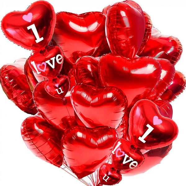 KatchOn, 12+2 Red Heart Balloons Decorations Set - Huge, 36 Inch | I Love You Balloons | Heart Shaped Balloons, 18 Inch, Romantic Decorations Special Night | Red Heart Balloons For Romantic Night