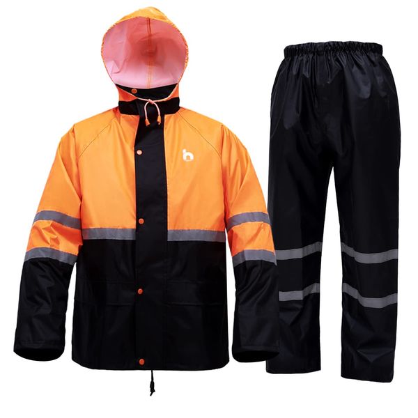 HAOKAISEN Rain Suits for Men, High Visibility Reflective Safety Jacket, Lightweight Waterproof Rain Gear(Orange 3X-Large)