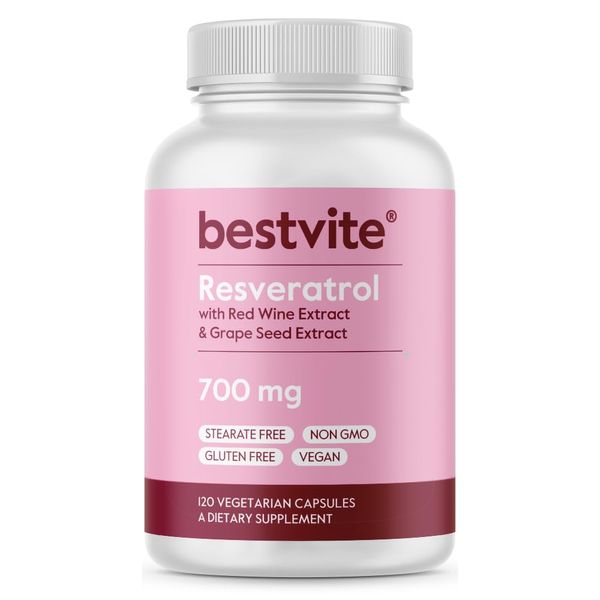 BESTVITE Resveratrol 700mg (120 Vegetarian Capsules) with Red Wine Extract & Grape Seed Extract - Standardized to 50% TransResveratrol - No Stearates - Vegan - Non GMO - Gluten Free