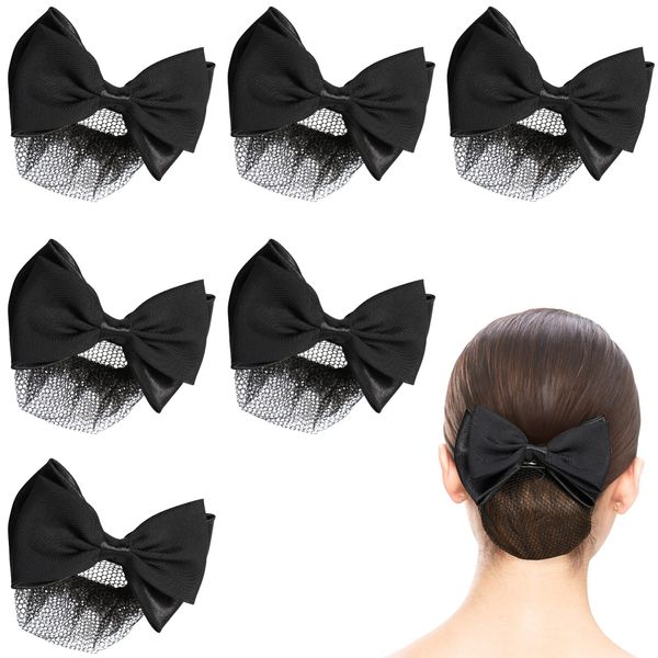 6 Pieces Hair Snood Net Barrette Mesh Clip Hair Bun Covers Elastic Butterfly Bun Bow Headdress for Women Dance Office (Black)