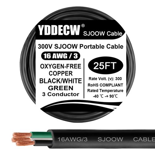 25ft 16/3 16 AWG Portable Power Cable (3 Conductor) - SJOOW 300V 16 Gauge Electric Wire for Motor Leads, Portable Lights, Battery Chargers and Machinery - 3 Conductor - 25 Feet Electrical Cord