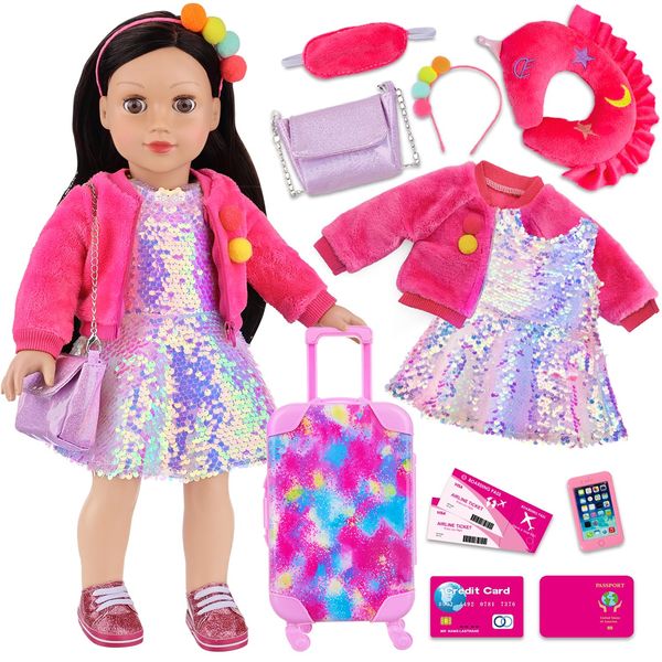 K.T. Fancy 18 Inch American Doll Clothes and Accessories, Doll Travel Suitcase Playset for Girls, Cute Travel Doll Clothes for 18 Inch Girl Doll(Not Include Doll & Shoes)