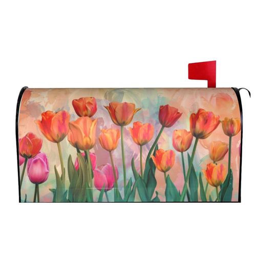 Spring Summer Flowers Mailbox Cover Magnetic Standard Size 21 x 18 inches Tulip Flowers Mailbox Covering Waterproof Fade-Resistant Decorative Mailbox Post Wraps for Outdoor Garden and Yard (Tulip)
