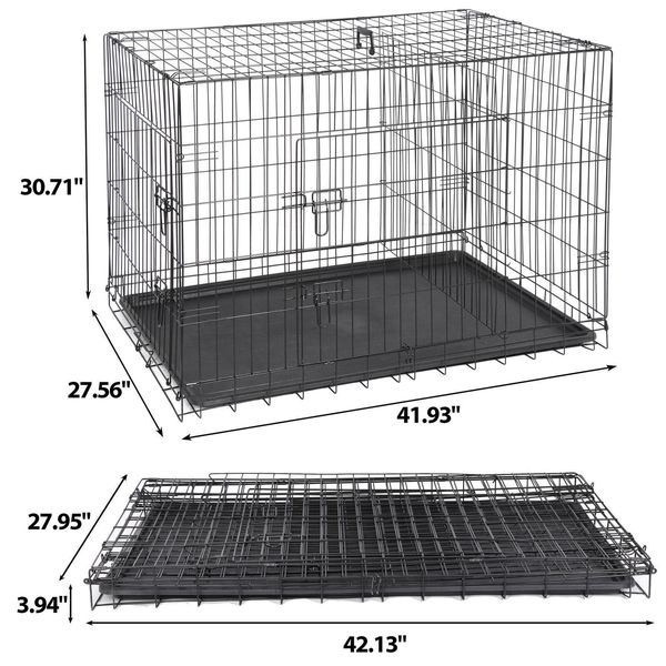 Durable Folding 42"Dog Crate Kennel 2 Door Metal Pet Cage House with Tray Black