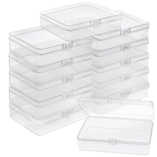 BELLE VOUS 12 Pack Small Clear Plastic Storage Box Containers with Hinged Lid - L11.2 x W8.3 x H2.8cm / 4.41 x 3.27 x 1.10 Inches - Mini boxes for Pills, Beads, Jewellery & Craft Items