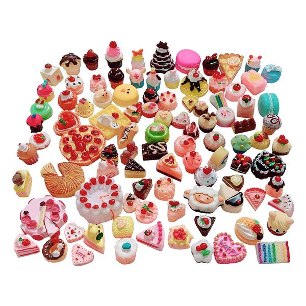 Anrher 100pcs Miniature Dessert Cake Mixed Resin Pastry Decoration Sets for Kids Doll House Pretend Play Kitchen Cooking Game Party Toys