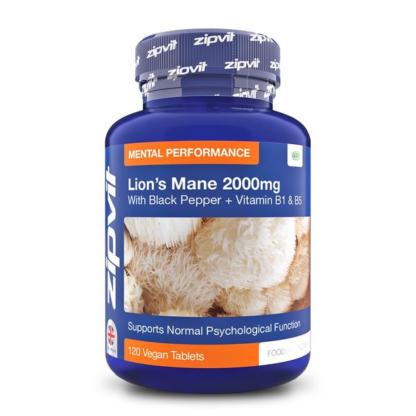 Lions Mane Mushroom Extract 2000mg, 120 Vegan Tablets with Black Pepper, Vitamins B1 & B5. Supports Mental Performance, Reduces Fatigue & Tiredness, Not Powder or Capsules