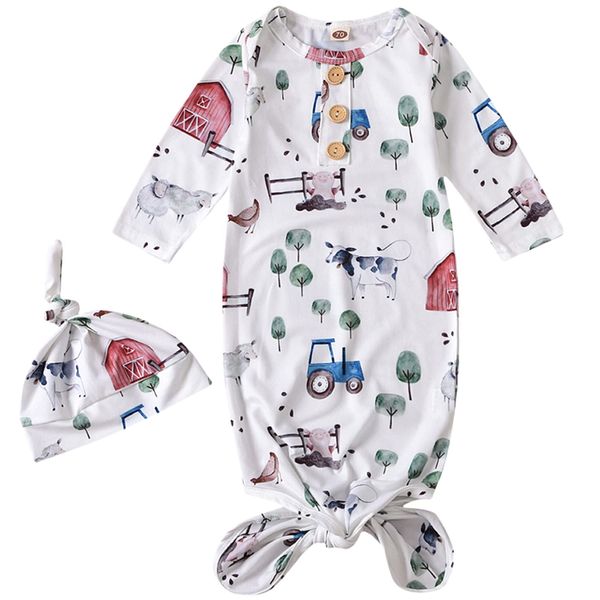 Newborn Neutral Farm Animal Clothes Knotted Sleeper Gown Unisex Baby Boy Girl Cow Nightgown Gifts Infant Western Outfit