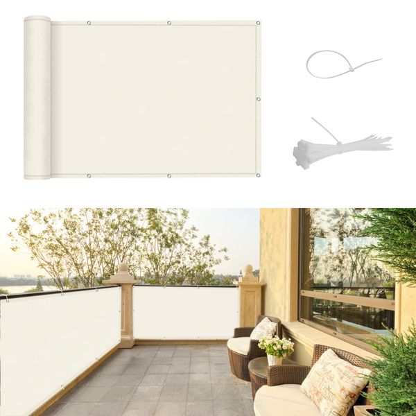 SUNNY GUARD Balcony Privacy Screen Cover Garden Privacy Screen PES Weatherproof UV Protection Windscreen with Cable Ties,75x400cm Cream