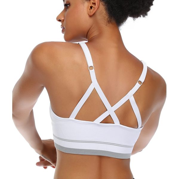 ANGOOL Strappy Sports Bras for Women, Longline Medium Support Yoga Bra Wirefree Padded Sports Bra with Adjustable Straps White 1Pack