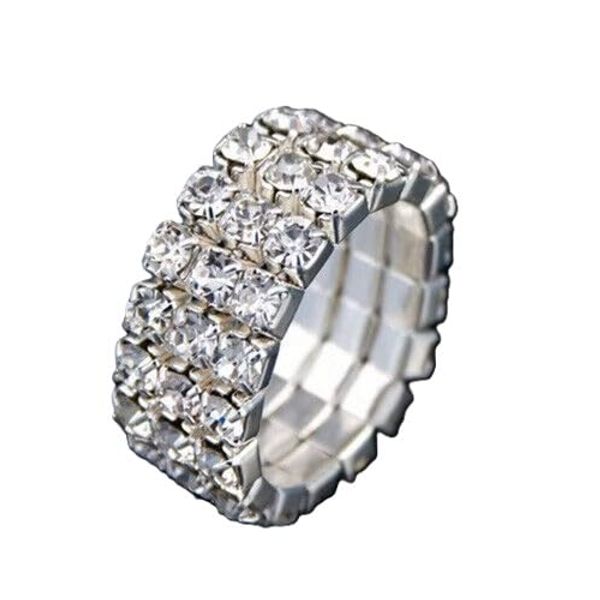 3 Row Elastic Stretch Silver Plated Ring With Clear Rhinestone Crystals