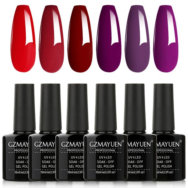 GZMAYUEN Smalto Semipermanente Unghie Rosso e Viola Kit Semipermanente per Unghie 10ml Rosso Scuro Smalti Gel Viola Scuro Colori Gel Unghie Smalto Gel Unghie UV 6Pcs