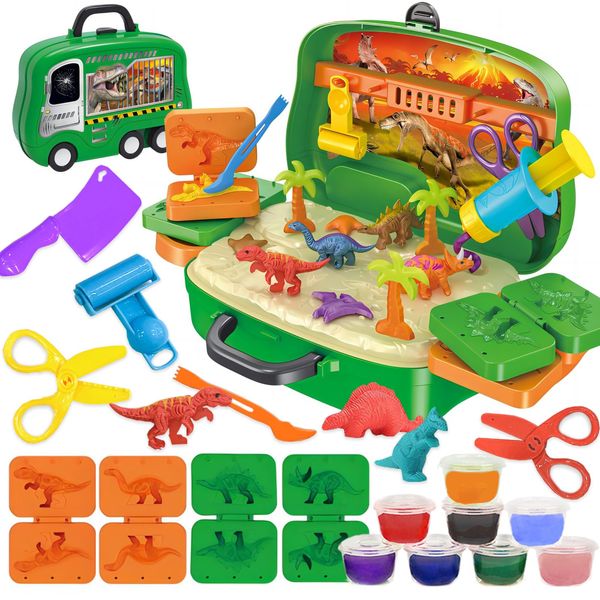 Crelloci Play Dough Sets, Dinosaur Air Dry Clay Playdough Tools Dino World 26 PCS, Playdough Accessories in Portable Case with Wheel, Playdough sets for kids 3 4 5 kids Birthday Gifts