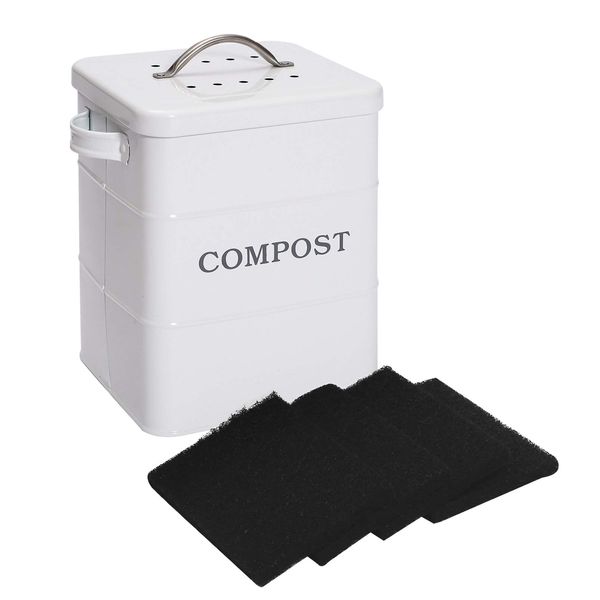 Xbopetda Stainless Steel Compost Bin for Kitchen Countertop,1 Gallon, includes Charcoal Filter,with Lid and handle,Composter for Zero Waste Recycling Kitchen Compost Bin, Compost Pail -White