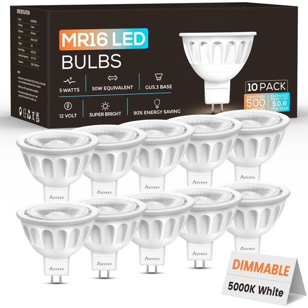 10 Pack Dimmable MR16 LED Bulbs, 12V 5W(50-Watt Equivalent), 5000K Daylight W...