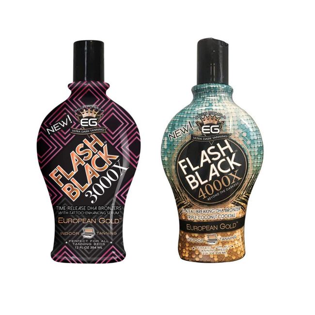 Bundle Set of 2: European Gold Flash Black 3000X Indoor Tanning Lotion with Time-Release DHA Bronzers, 12 oz and European Gold Flash Black 4000X Indoor Tanning Lotion with Time-Release DHA Bronzers