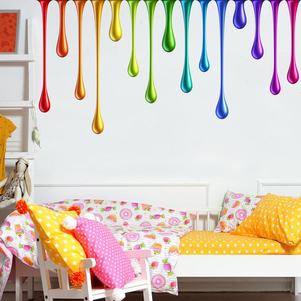 Rainbow Wall Sticker - Rainbow Metallic Drips Wall Decal Art (180cm Width x 90cm Height)