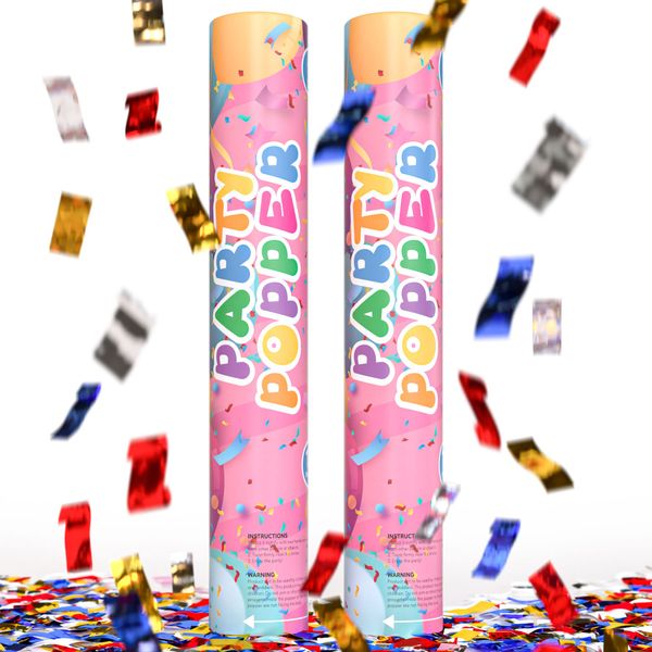 2 Pack Confetti Cannon Confetti Poppers | Shiny Multicolor | TUR Party Supplies | Launches Up to 25ft | Giant (12 in) | Party Poppers for New Years Eve, Christmas, Graduation, Birthdays, Weddings