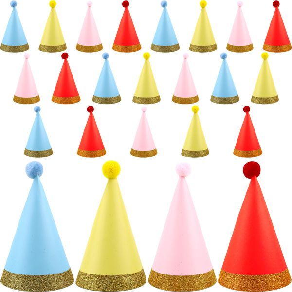 Rcanedny 24 Pcs Birthday Party Hats Colorful Glitter Cone Party Hats with Pompom for Kids Adults Birthday Christmas Holiday Party Favors Supplies, 4 colors