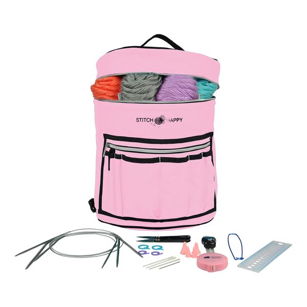 Designer Stitch Happy Knitting Starter Kit: 20 Piece Knitting Kit for Beginners & 7 Pocket Yarn Bag, Signature Yarn Storage - Pink