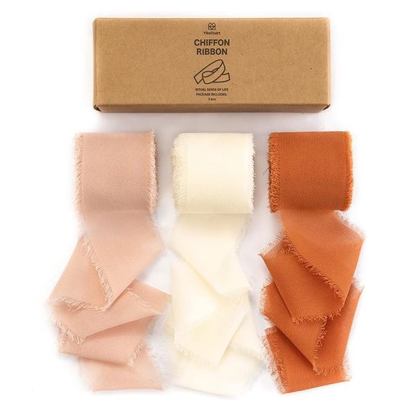 Vitalizart Fall Handmade Chiffon Silk Ribbon Fringe 1.5" x 21 Yd Terracotta Cream Frayed Edges Ribbons for Wedding Invitations Bridal Bouquets Gifts Wrapping Crafts Holiday Party Decorations