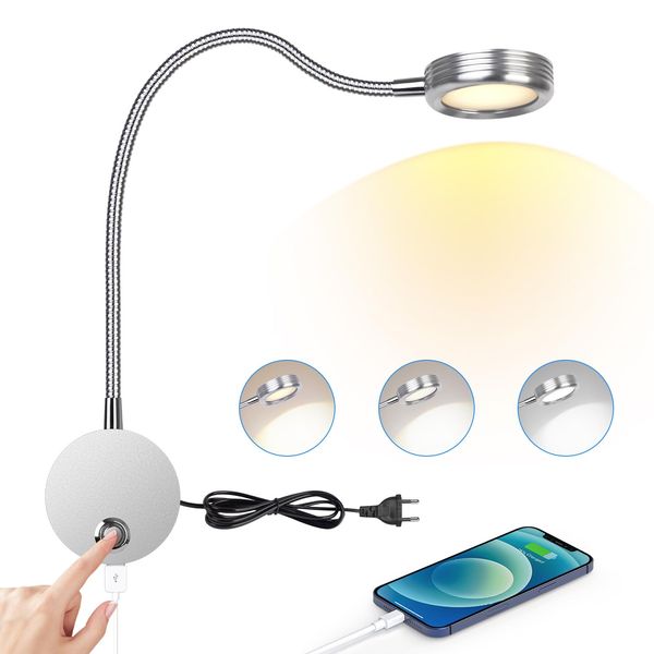 Leselampe Wandmontage, LED Bettleuchte Wandleuchte mit Touch Button Einstellbar Licht 3000-6000K, 4W Bettlampe 360° Flexible Schwanenhals Lampe mit USB-Ladeanschluss für Bett, Schlafzimmer, Silber
