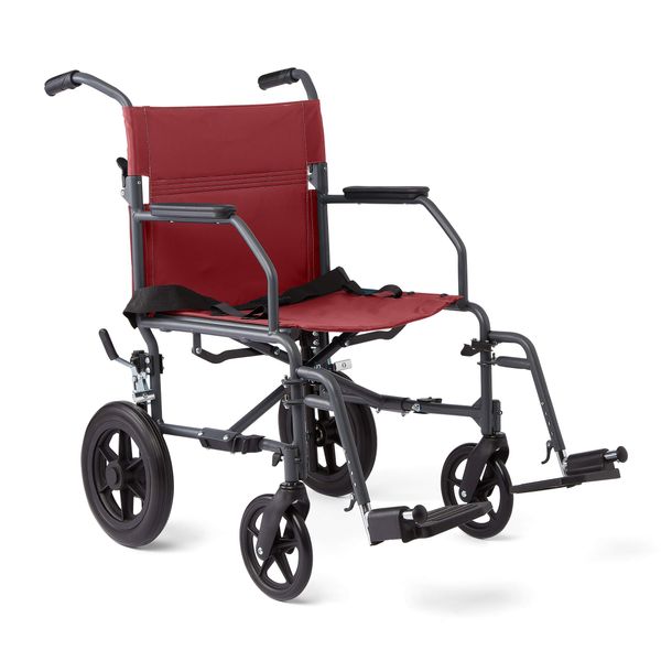 Medline Durable Folding Steel Transport Wheelchair with 12-Inch Wheels, 19-Inch Seat Width, Gray Frame, Microban, Burgundy Upholstery