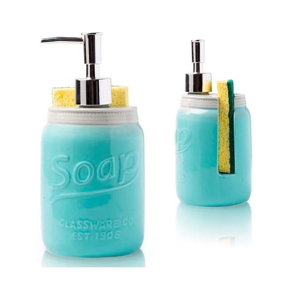 Mason Jar Kitchen Soap Dispenser & Sponge Holder - Sink Organizer - 14oz Kitchen Counter Liquid Soap Dispenser with Stainless Steel Pump, Blue Ceramic Soap Holder w/Free Sponge