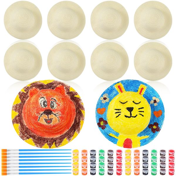 Geyoga 10 Sets DIY Kids Straw Hats with Paints and Brushes, Handmade Straw Hat Cap Bulk Beach Sun Hat Art Painting Hat Halloween Christmas Arts Crafts Gifts DIY Tea Party Favors for Kids Ages 6-18