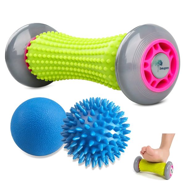 Plantar Fasciitis Massager, beupro Foot Roller & Lacrosse Ball & Spiky Massage Ball Set 3PCS, Muscle Roller Stick for Plantar Fasciitis Recovery and Tight Muscles Relax